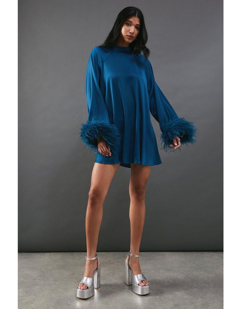 Premium Satin Feather High Neck Swing Mini Dress