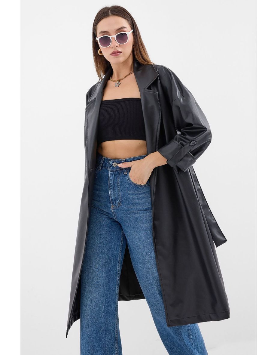 Belted Faux Leather Trench Coat - Black