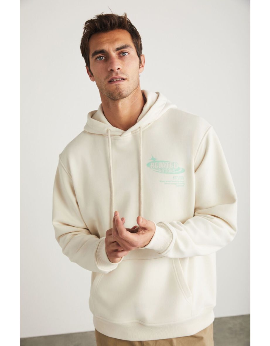 Claude Men's Hooded Print Detail Stone Color Sweatshirt with Kangaroo Pocket