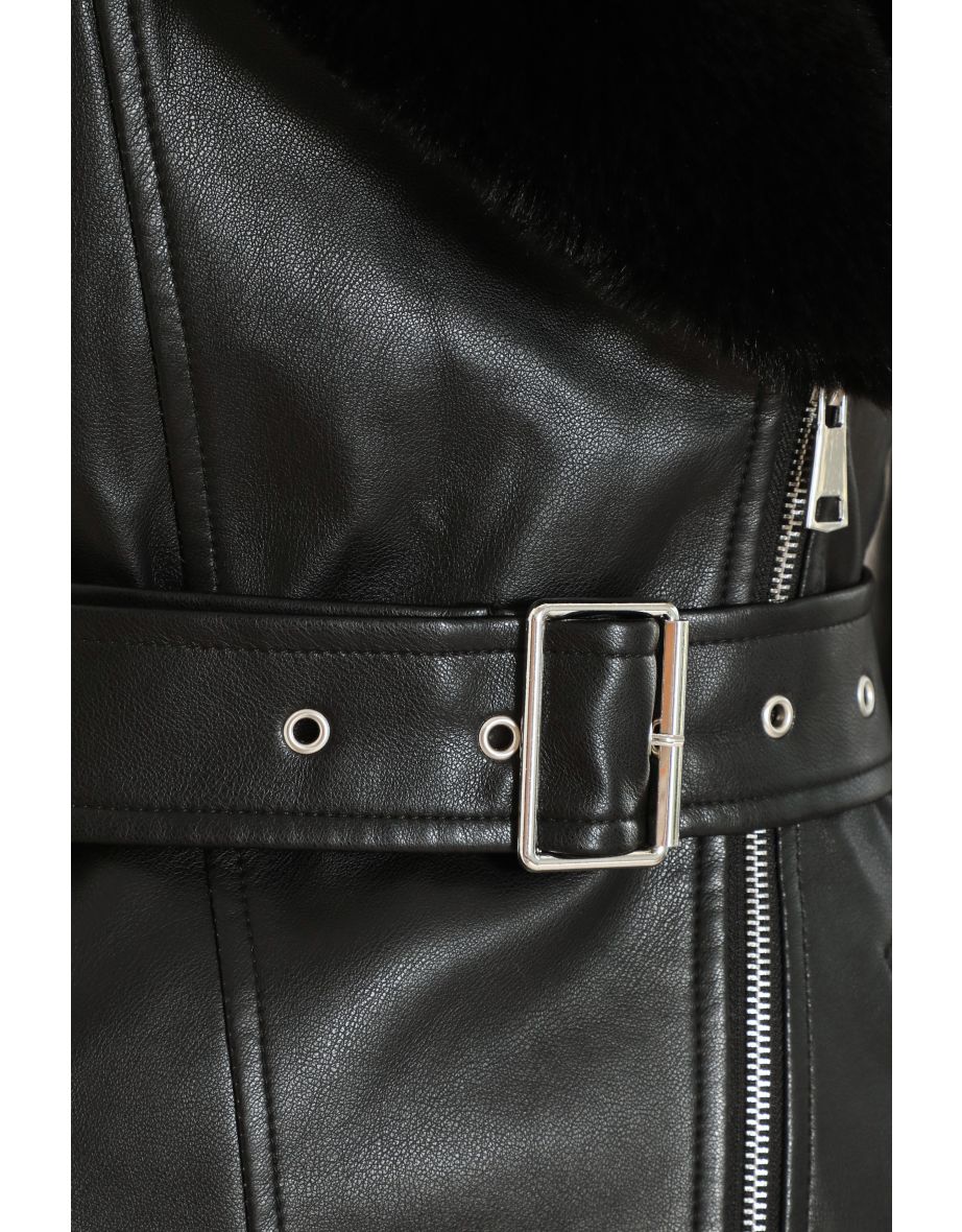 Black Faux Fur Trim Belted Jacket - 5
