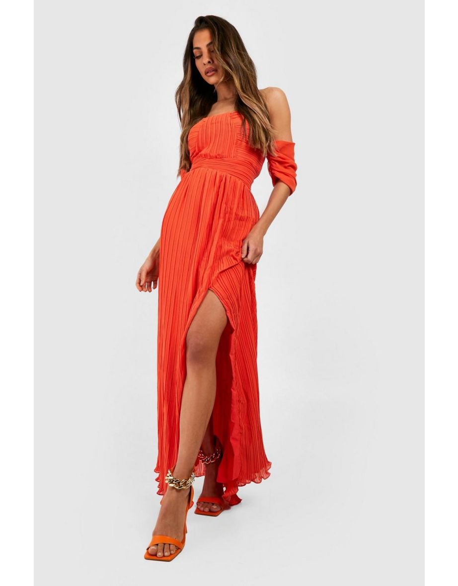 Bardot Pleated Chiffon Maxi Dress orange
