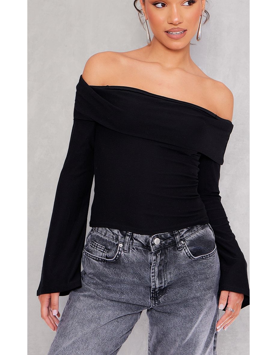 Black Soft Touch Jersey Foldover Flared Sleeve Top - 3