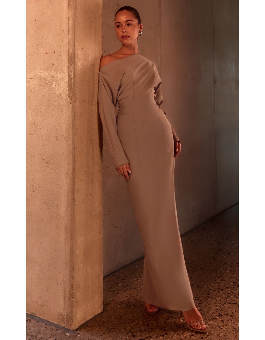 PLT Label Taupe Asymmetric Batwing Sleeved Cinched Waist Maxi Dress
