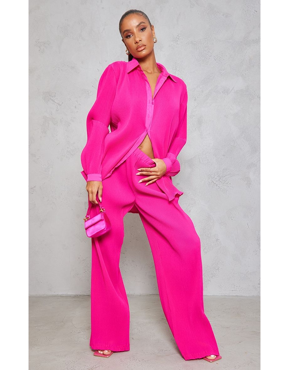Shop Hot Pink Plisse High Waisted Wide Leg Trousers Online in Oman VogaCloset