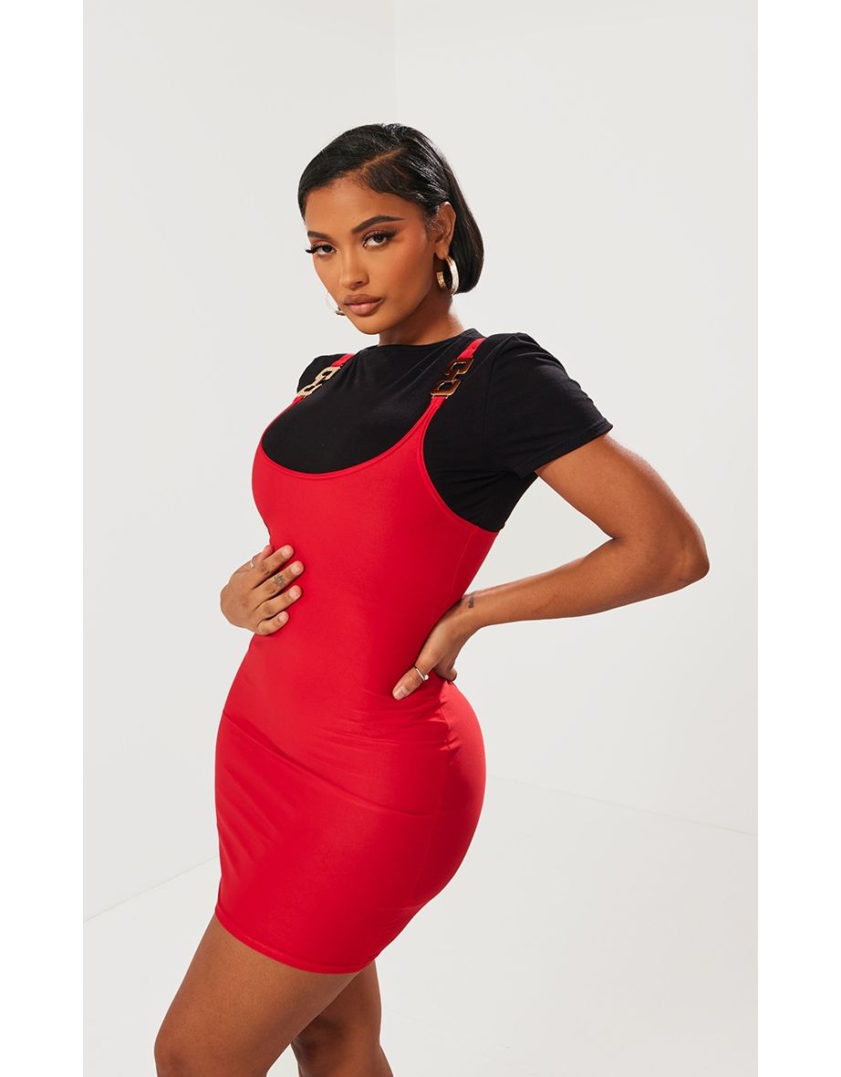 Shop Shape Cherry Red Slinky T Shirt Chain Strap Bodycon Dress Online in Oman VogaCloset