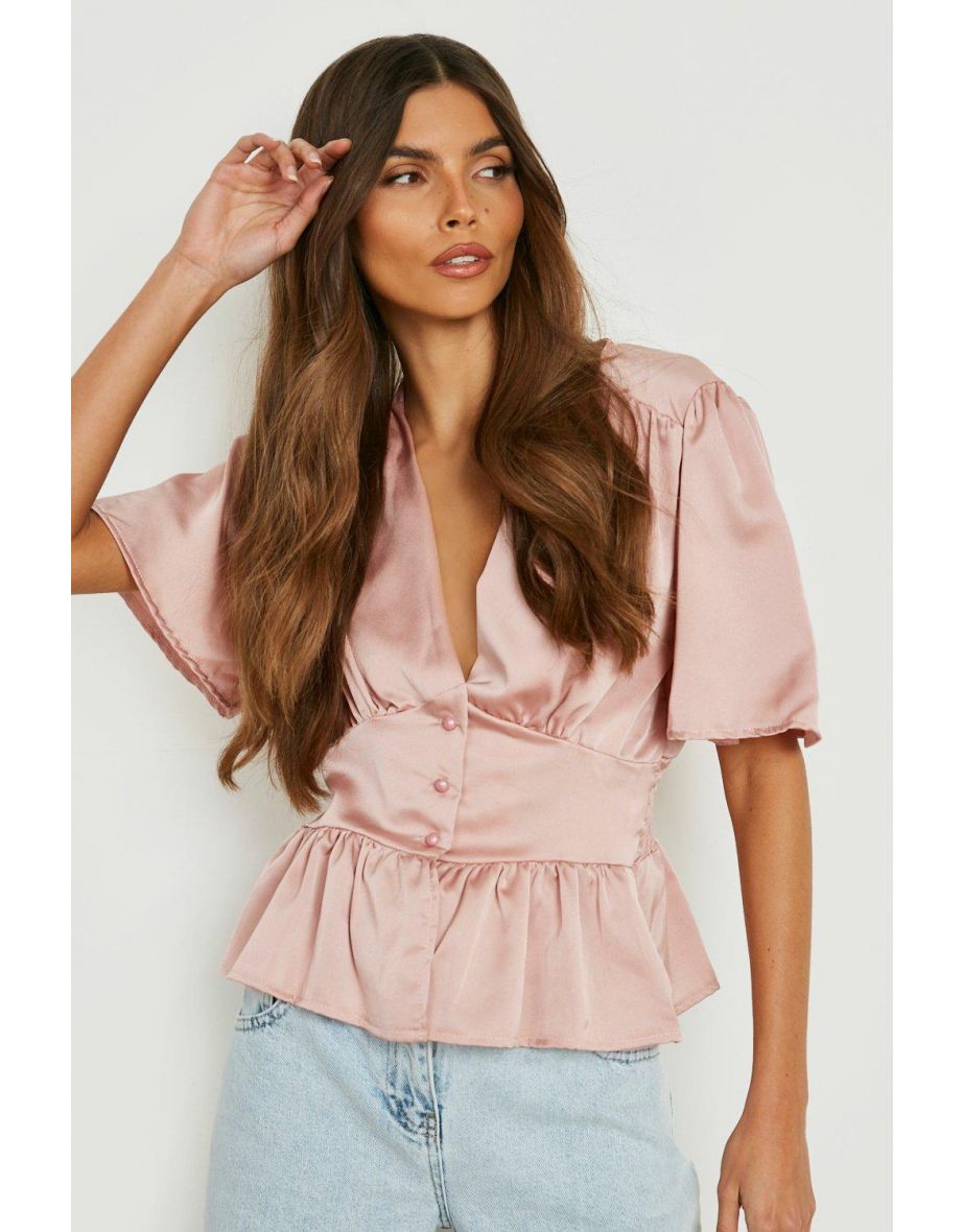 Satin Button Front Peplum Top - rose - 3
