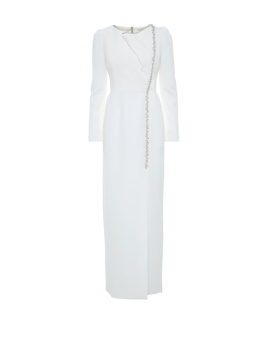 Embroidery Detail Ruched Sleeve Ecru Long Evening Dress