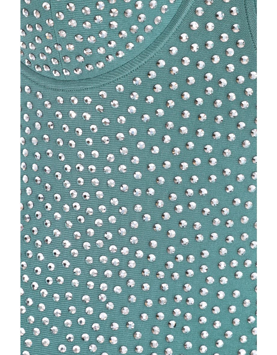 Teal Rhinestone Bodycon Midi Dress - 3
