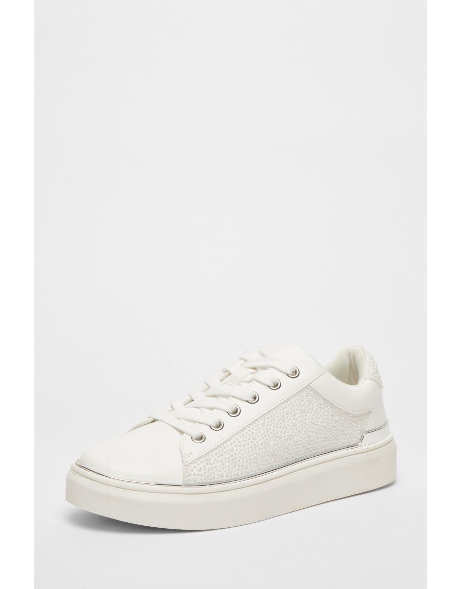 White Pearl Embellished Trainers