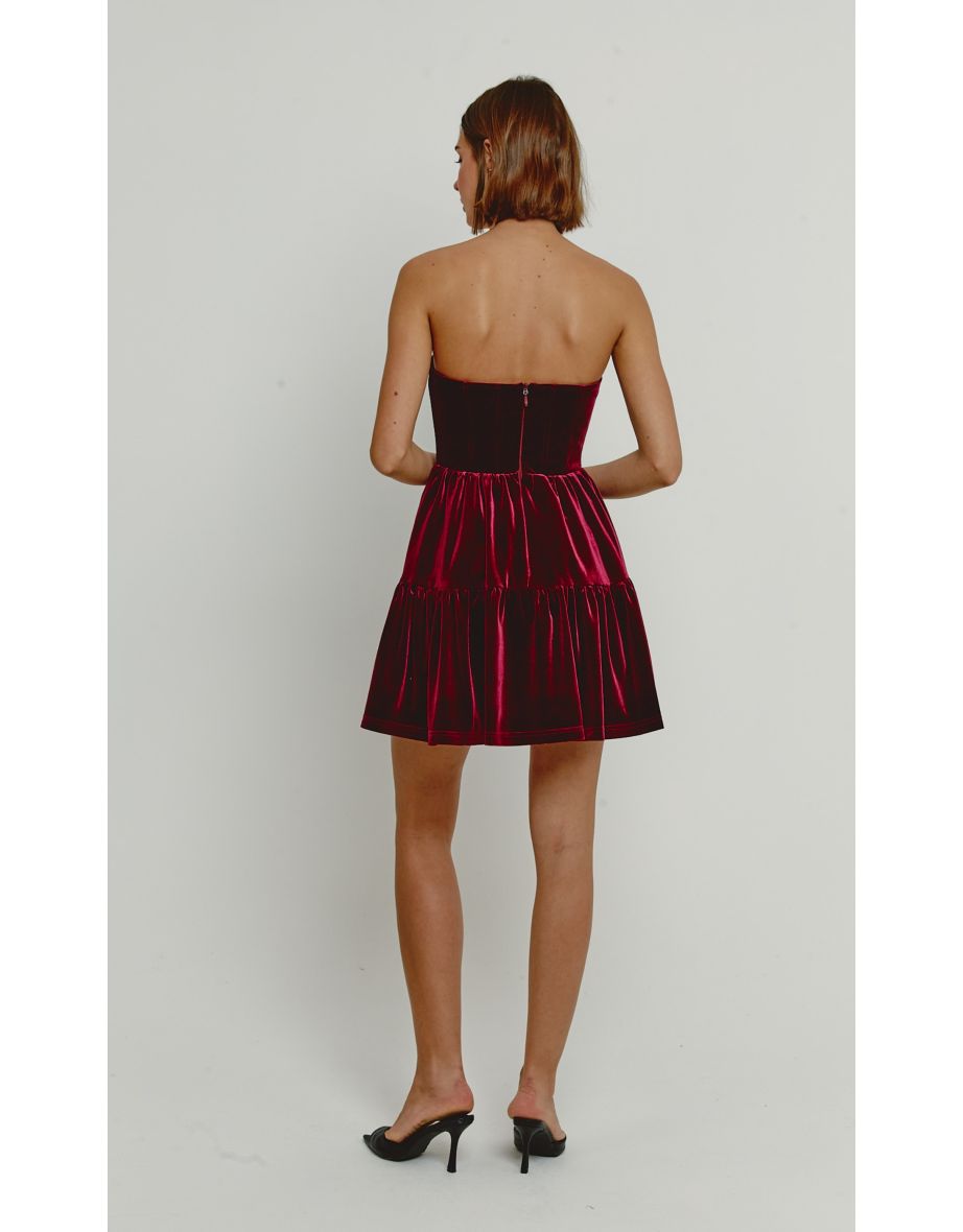 Wine Velvet Bandeau Mini Dress With Bows - 2