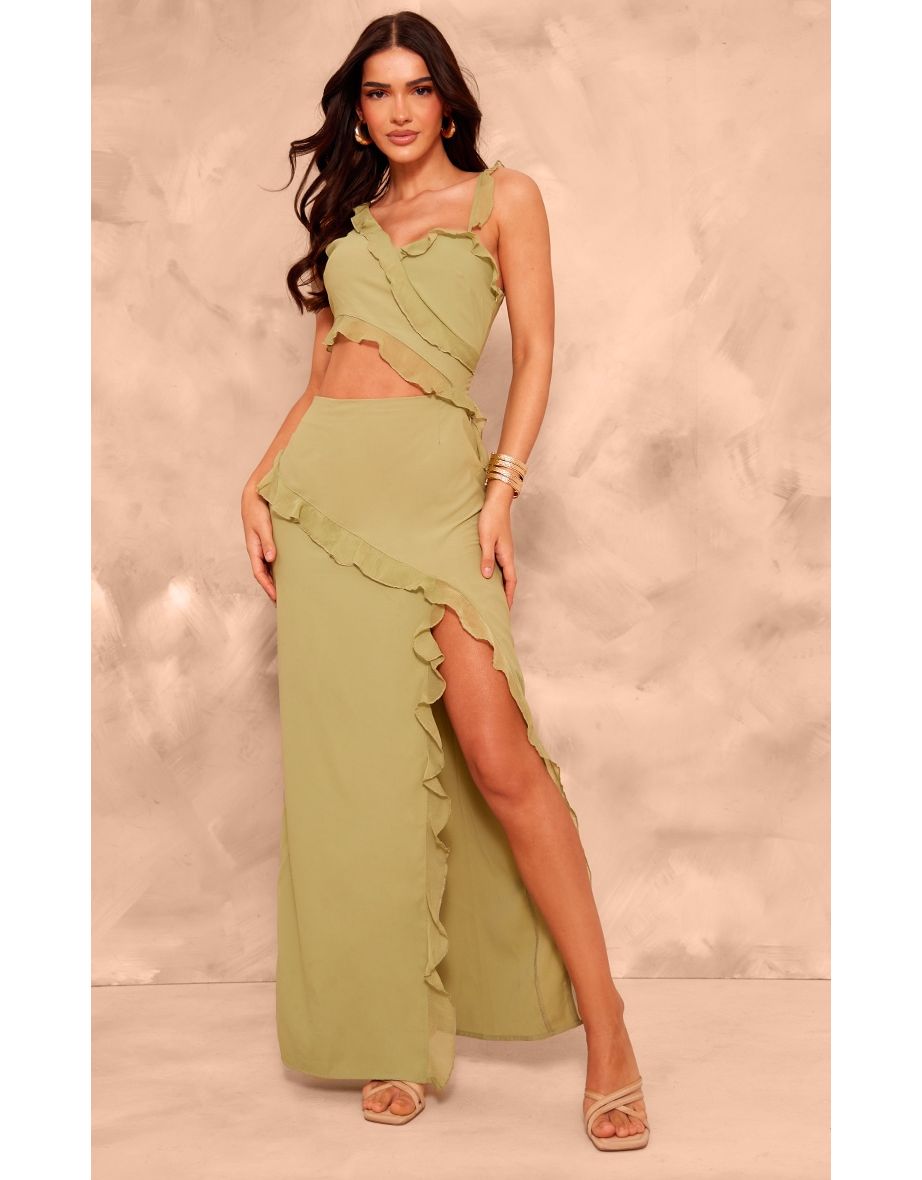 Green Chiffon Frill Cut Out Maxi Dress