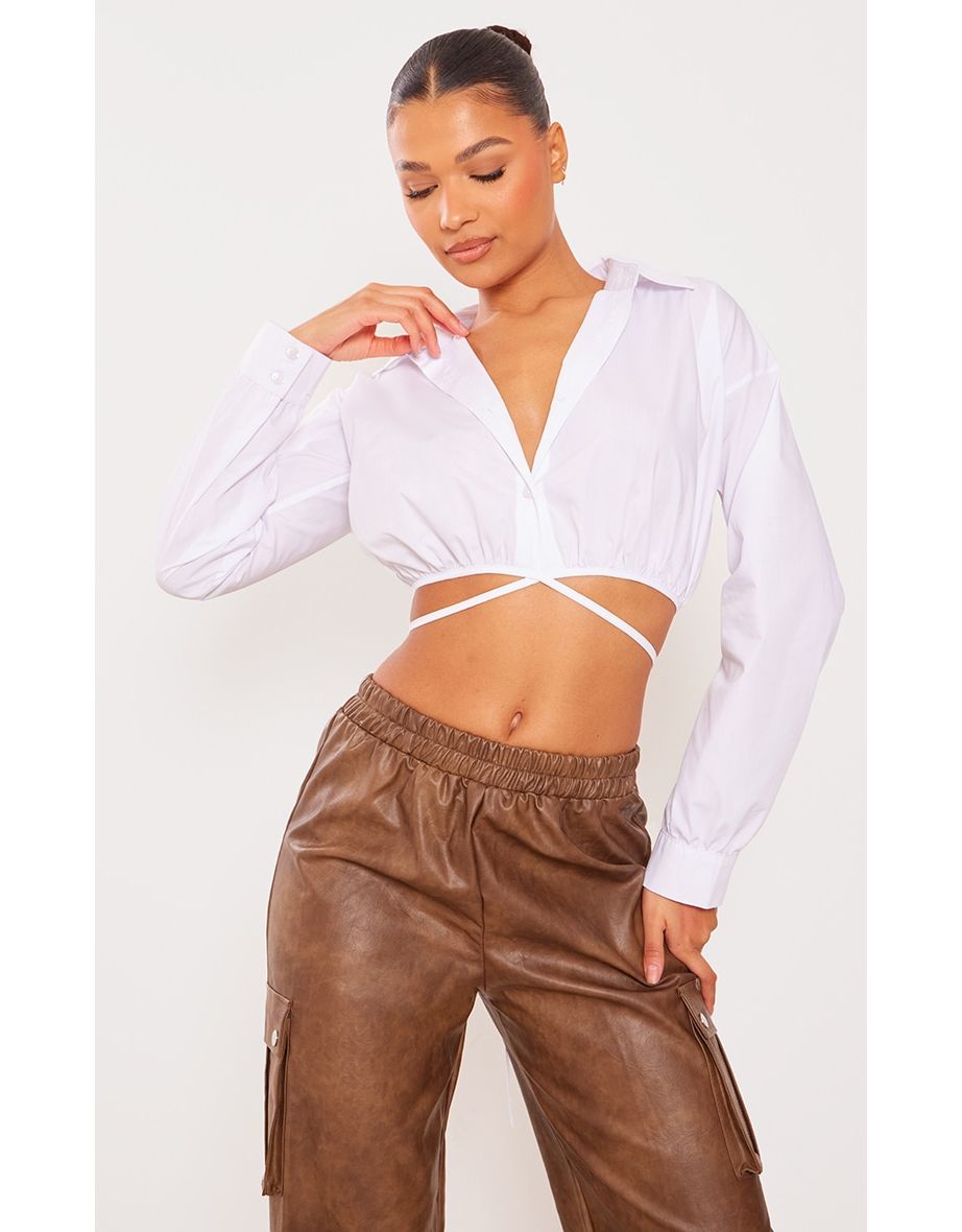 White Cropped Tie Waist Shirt
