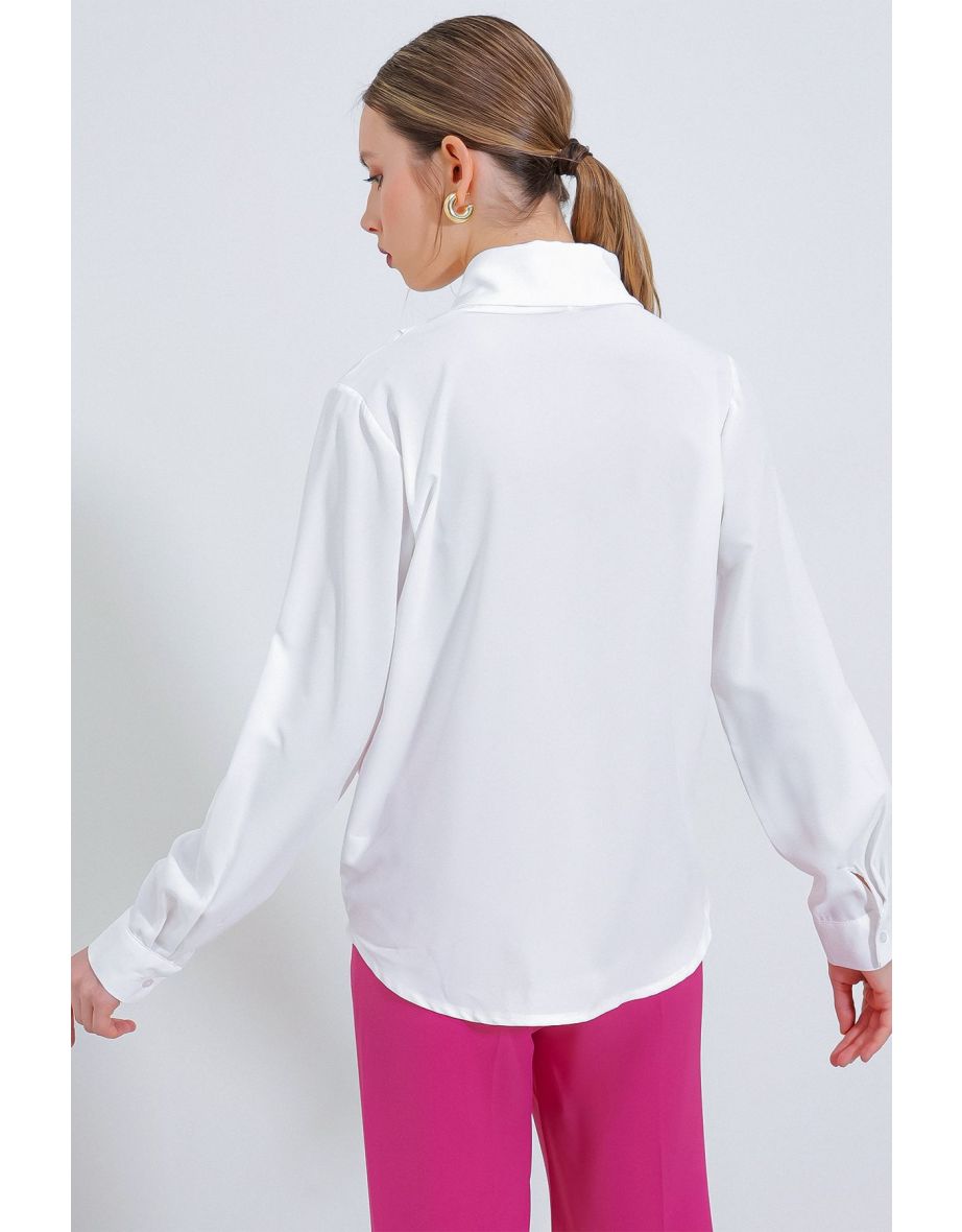 Women's White Double Breasted Collar Flowing Satin Blouse - 4