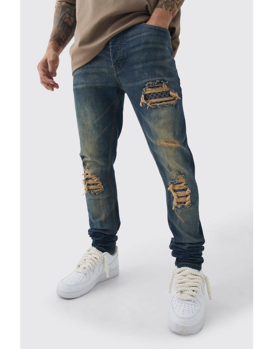 Skinny Stretch Stacked Bandana Rip & Repair Jeans - antique blue
