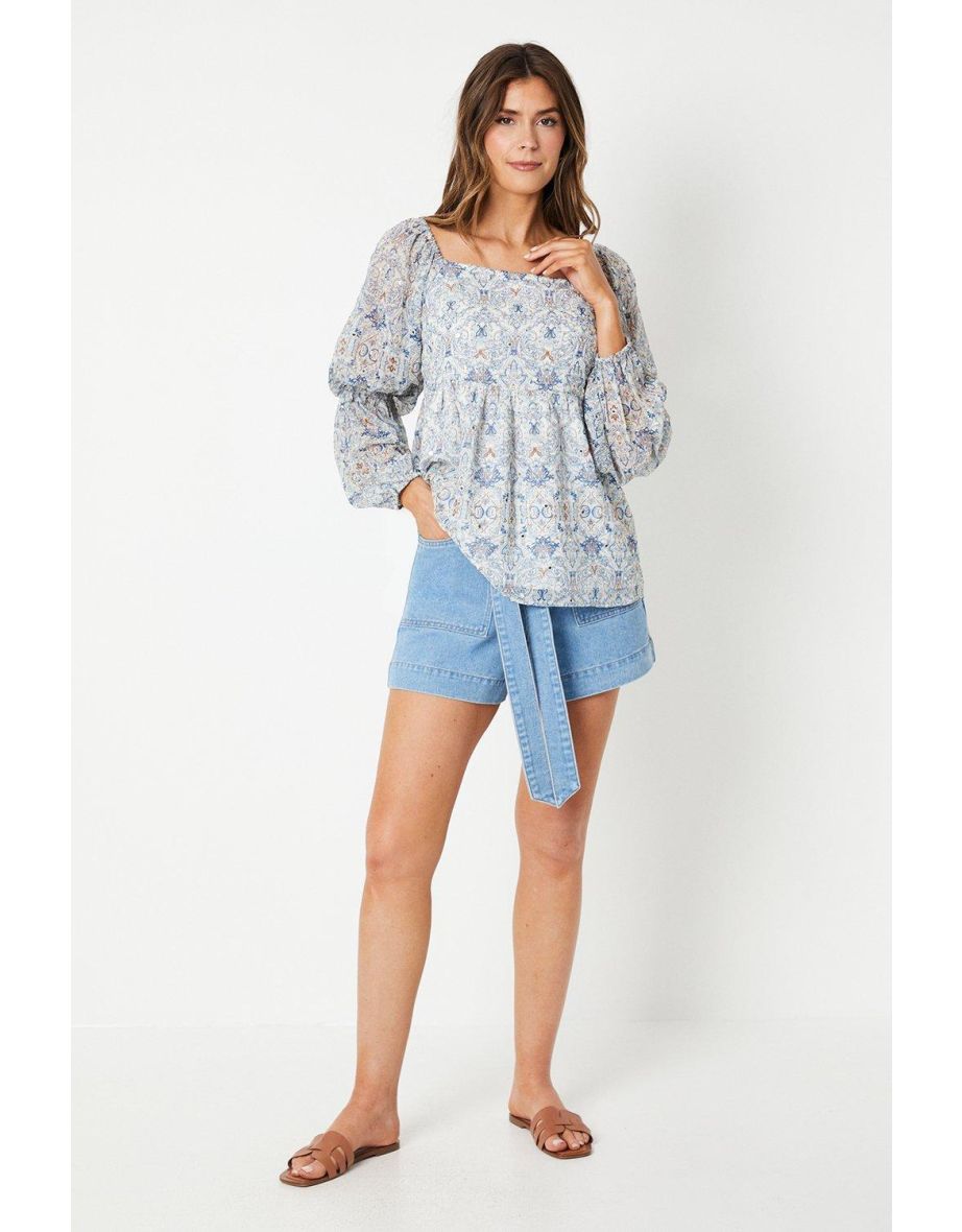 Mirror Detail Tile Print Square Neck Top