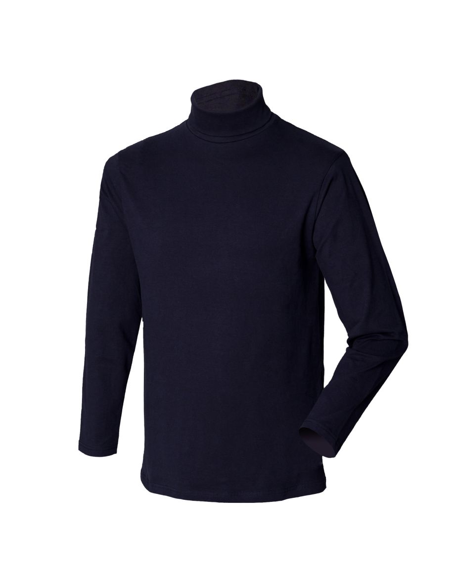 Henbury Mens Long Sleeve Cotton Rich Roll Neck Top / Sweatshirt - Navy