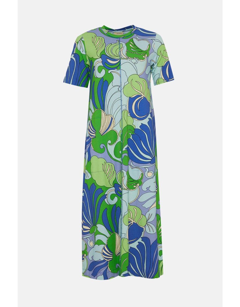 Cotton Leafy Floral Seam Detail Midi Trapeze Dress - 3