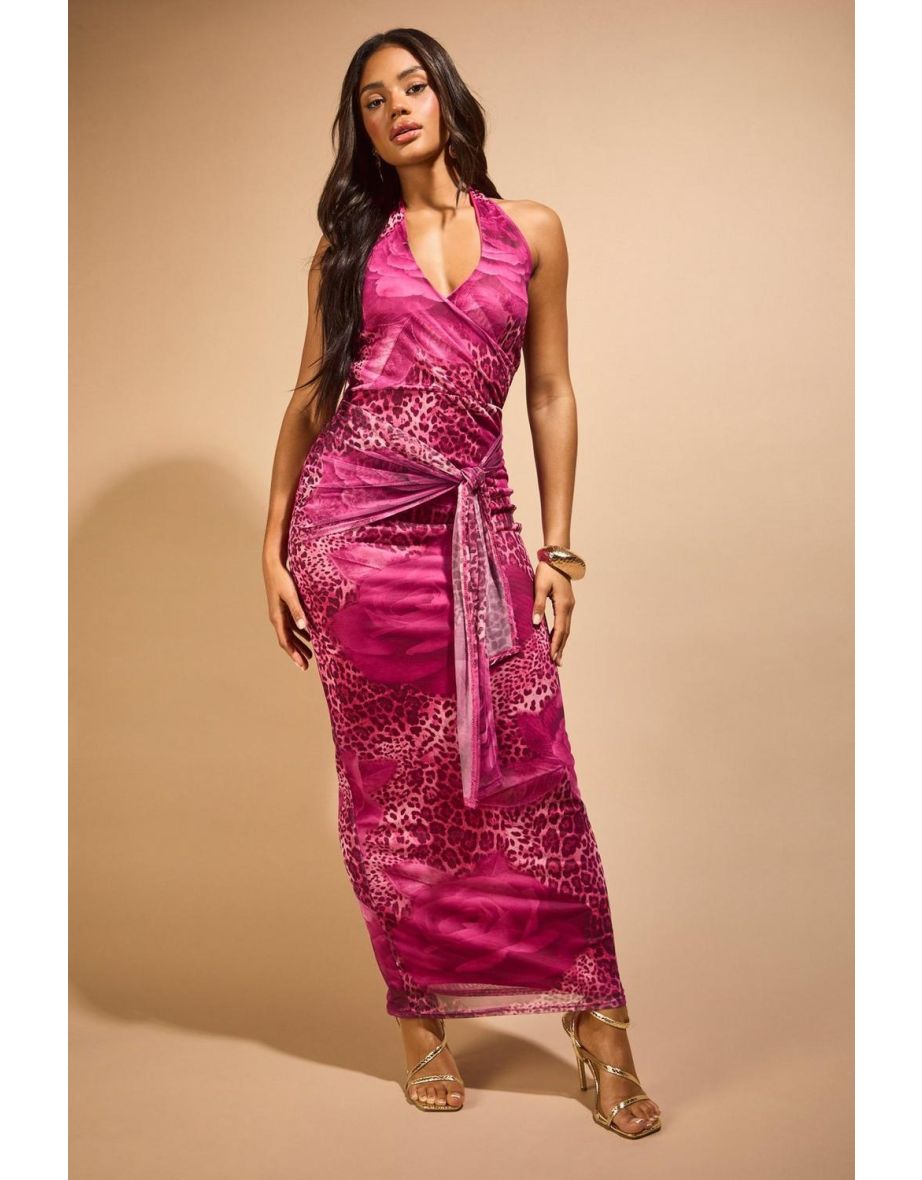 Leopard Floral Mesh Halterneck Maxi Dress - purple