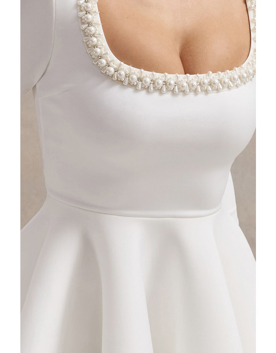 Wilder | White Square-Neck Long-Sleeve Skater Mini Dress - 5