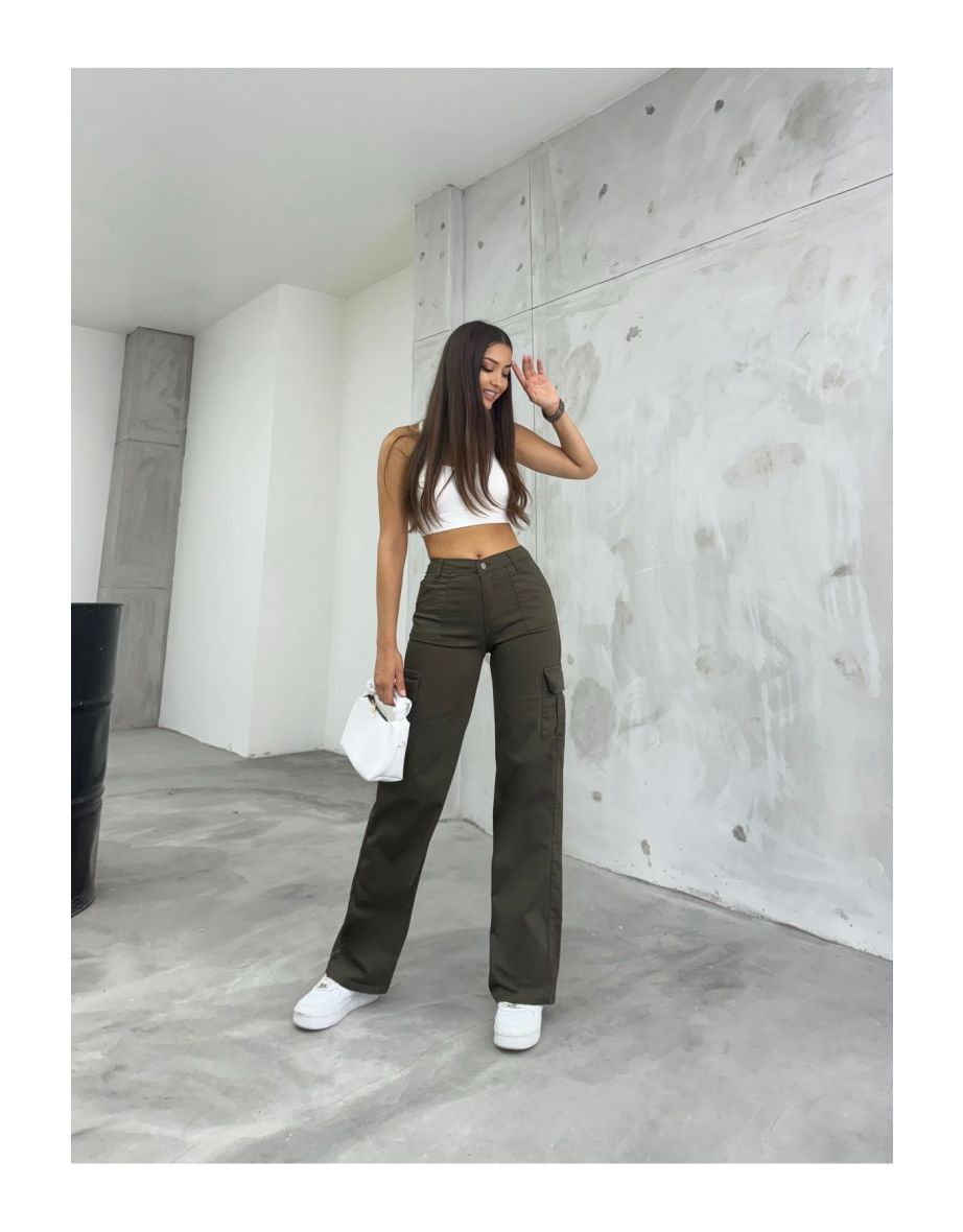 Khaki Lycra High Waist Wide Leg Pants with Cargo Pocket.