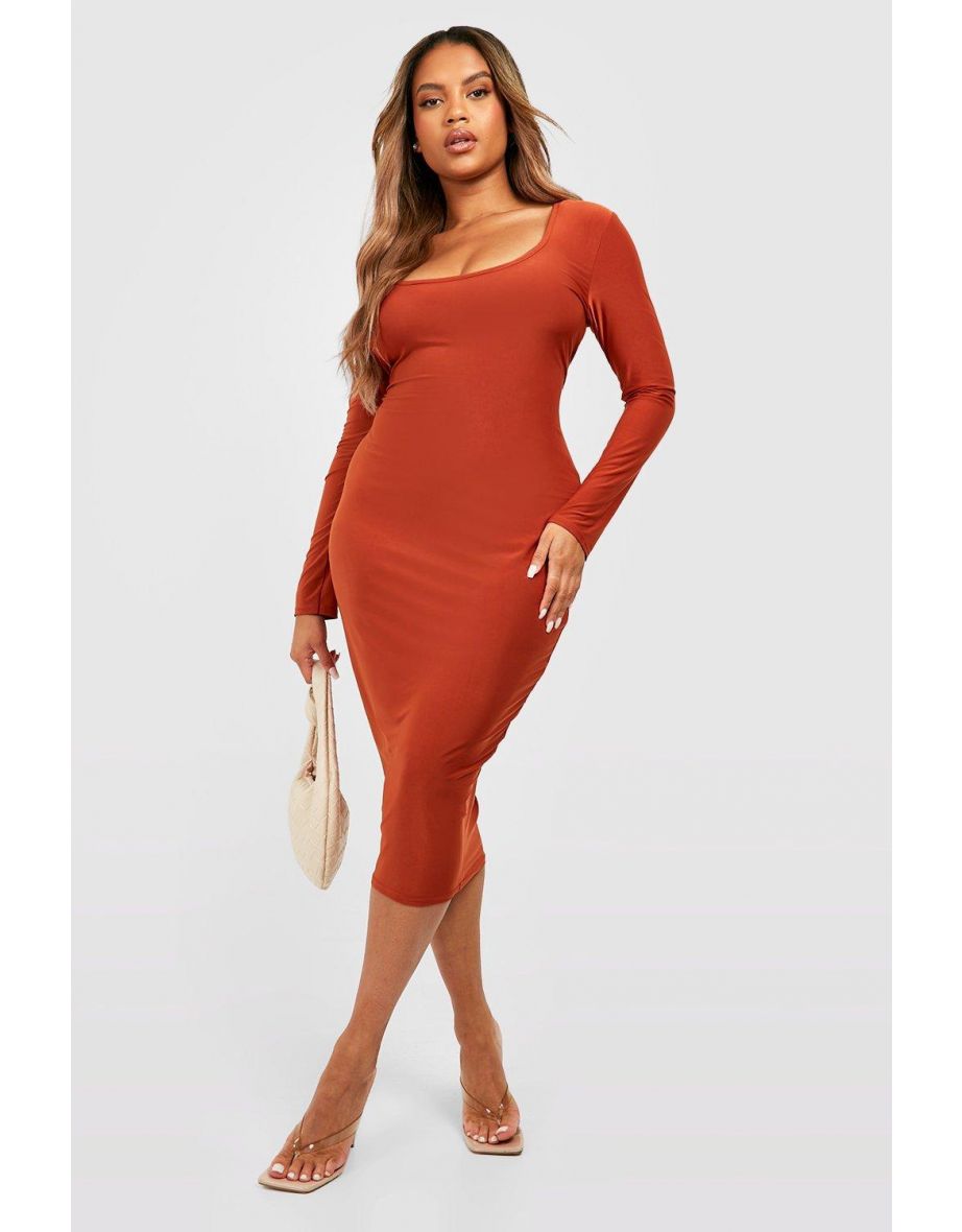 Plus Red Ribbed Scoop Neck Bodycon Dress