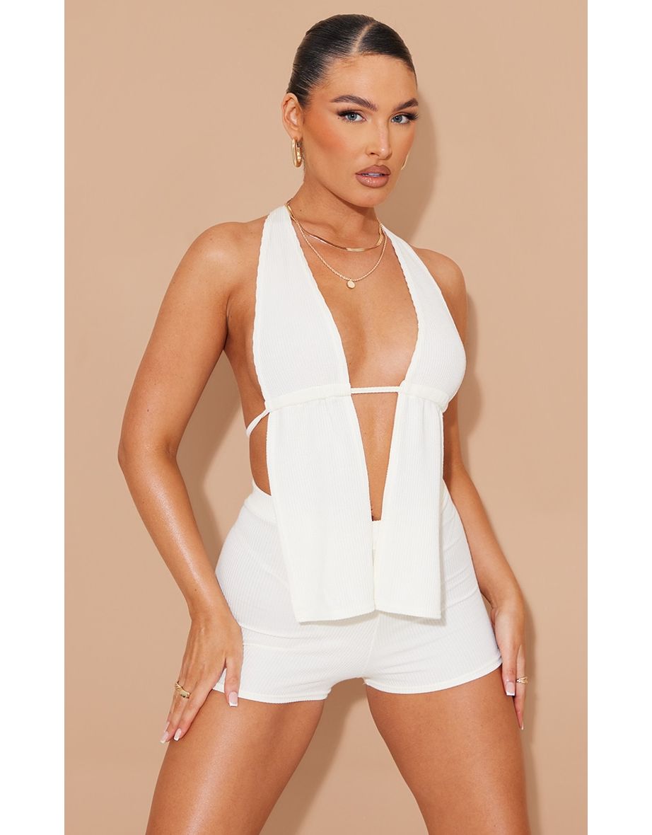 Cream Crinkle Rib Halterneck Bralet