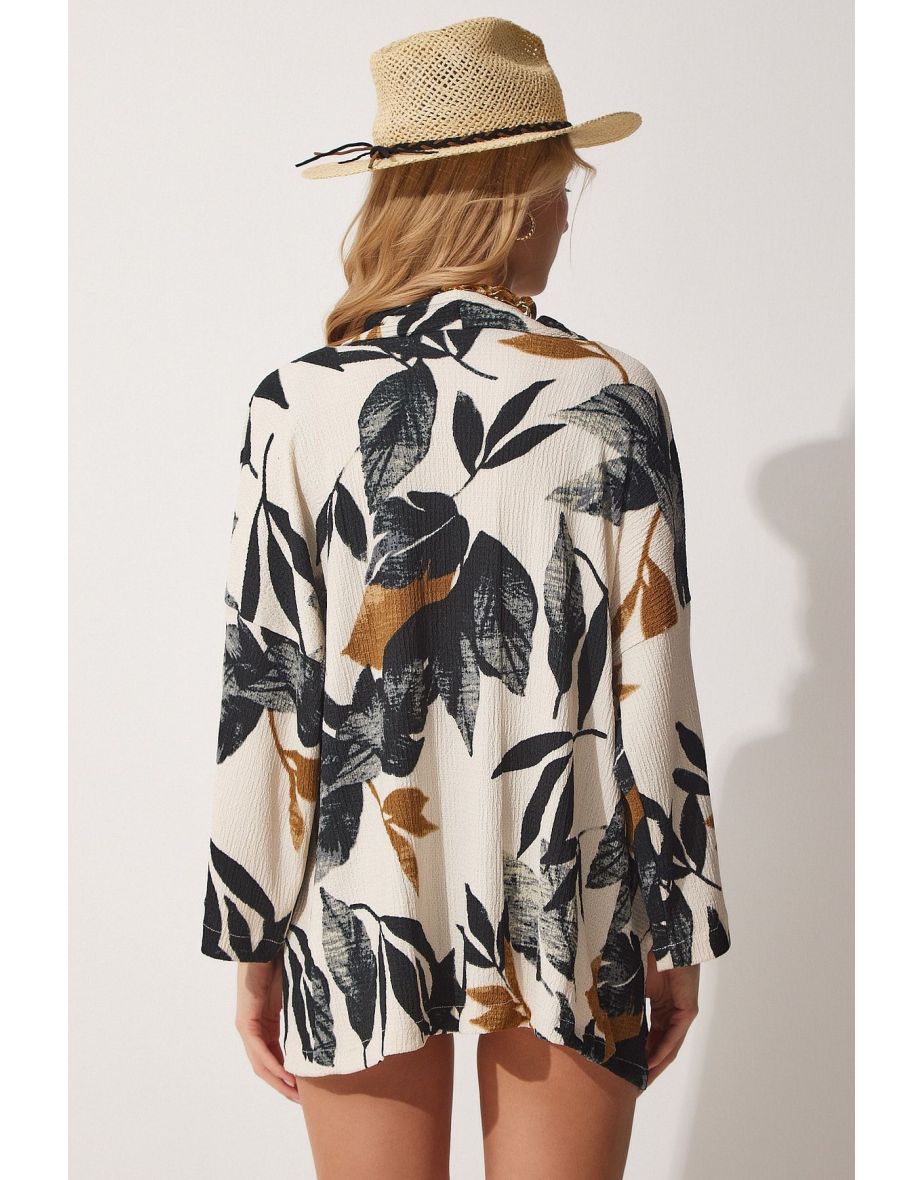 Women's Black Cream Patterned Long Crinkle Viscose Summer Kimono - 3