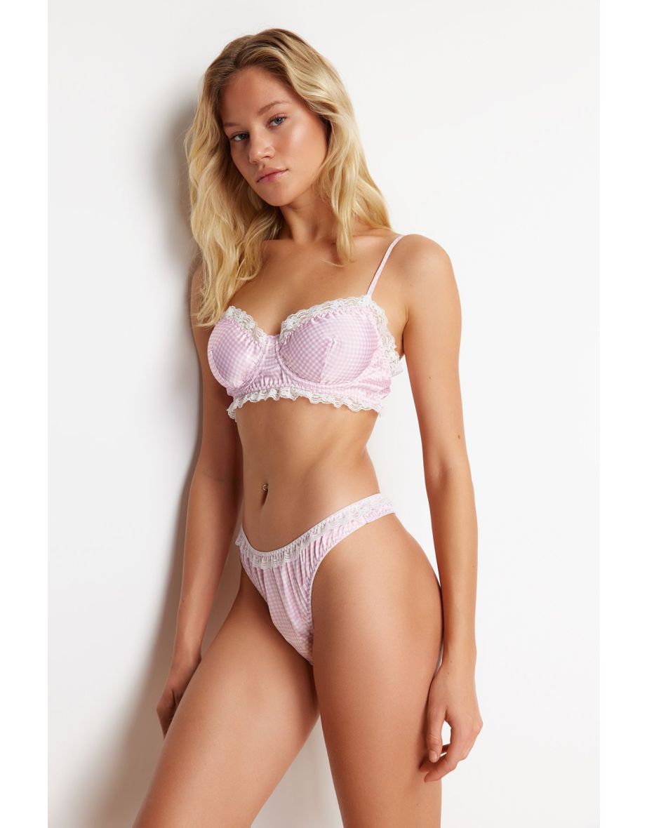 Pink Plaid Satin Capless Lace Detailed Underwear Set