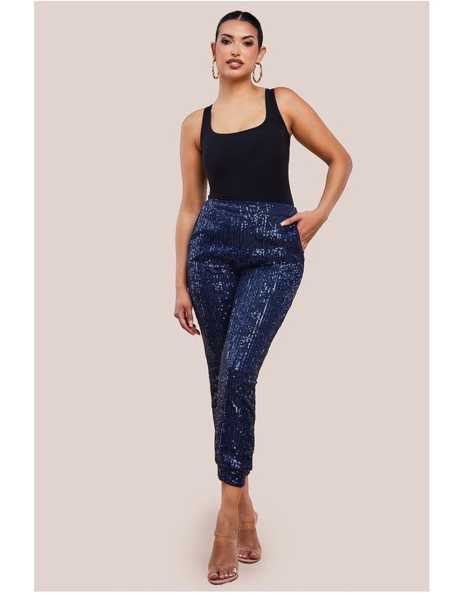 Goddiva Sequin Cuffed Ankle Trouser - Navy