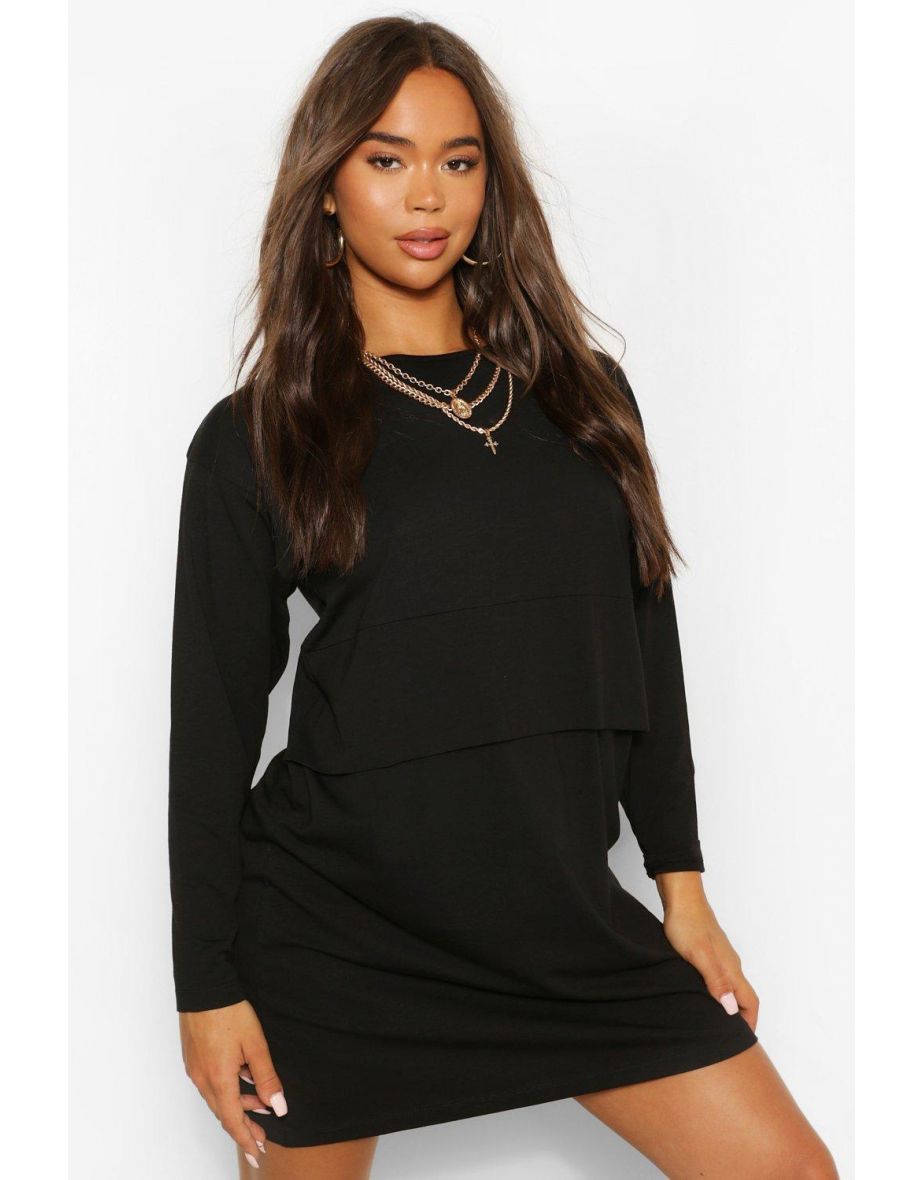 Basic Long Sleeve Crew Neck Oversized T-Shirt Dress - black - 3