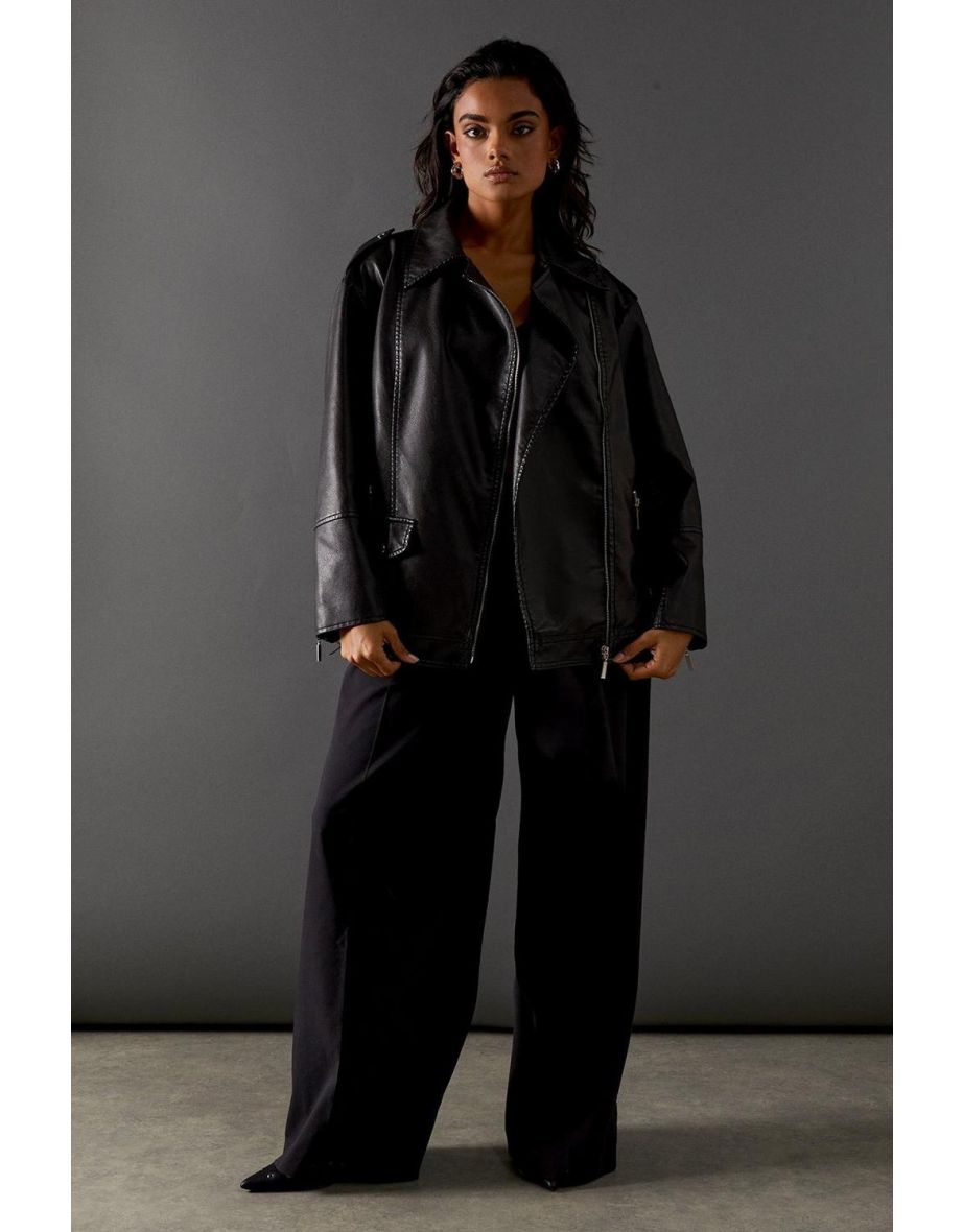 Oversized Whipstitch Detail Leather Jacket