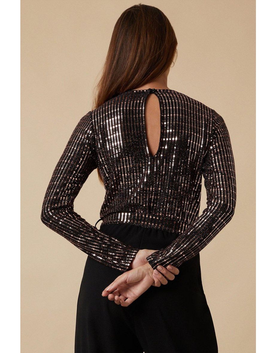 Sequin Long Sleeve Jersey Jumpsuit - 2