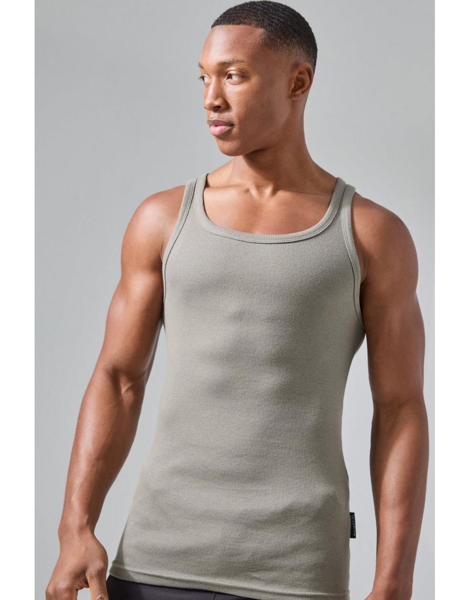 Man Active Gym Muscle Fit Ribbed Vest - khaki