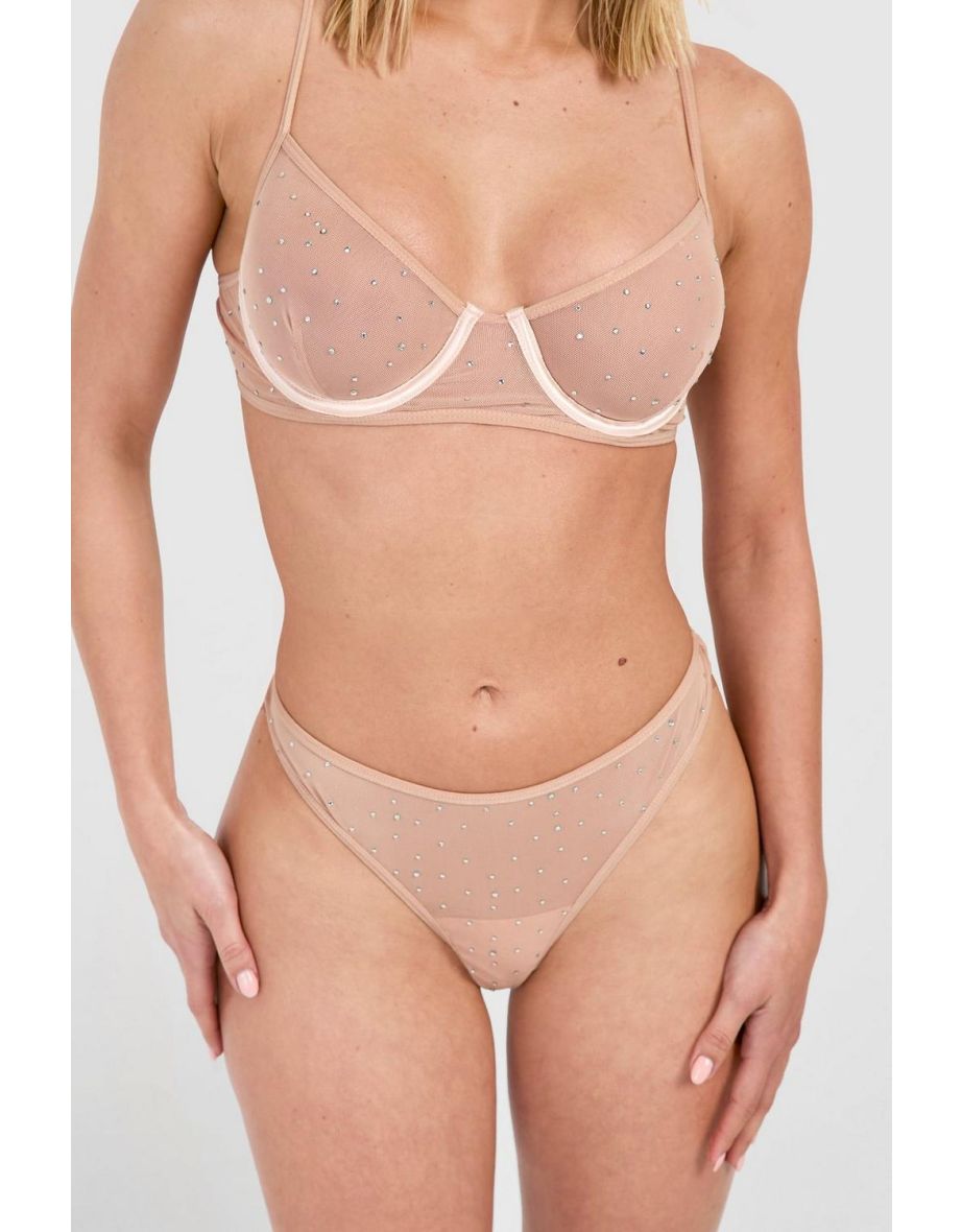 Diamante Rhinestone Balcony Bra And Thong Set - nude - 2