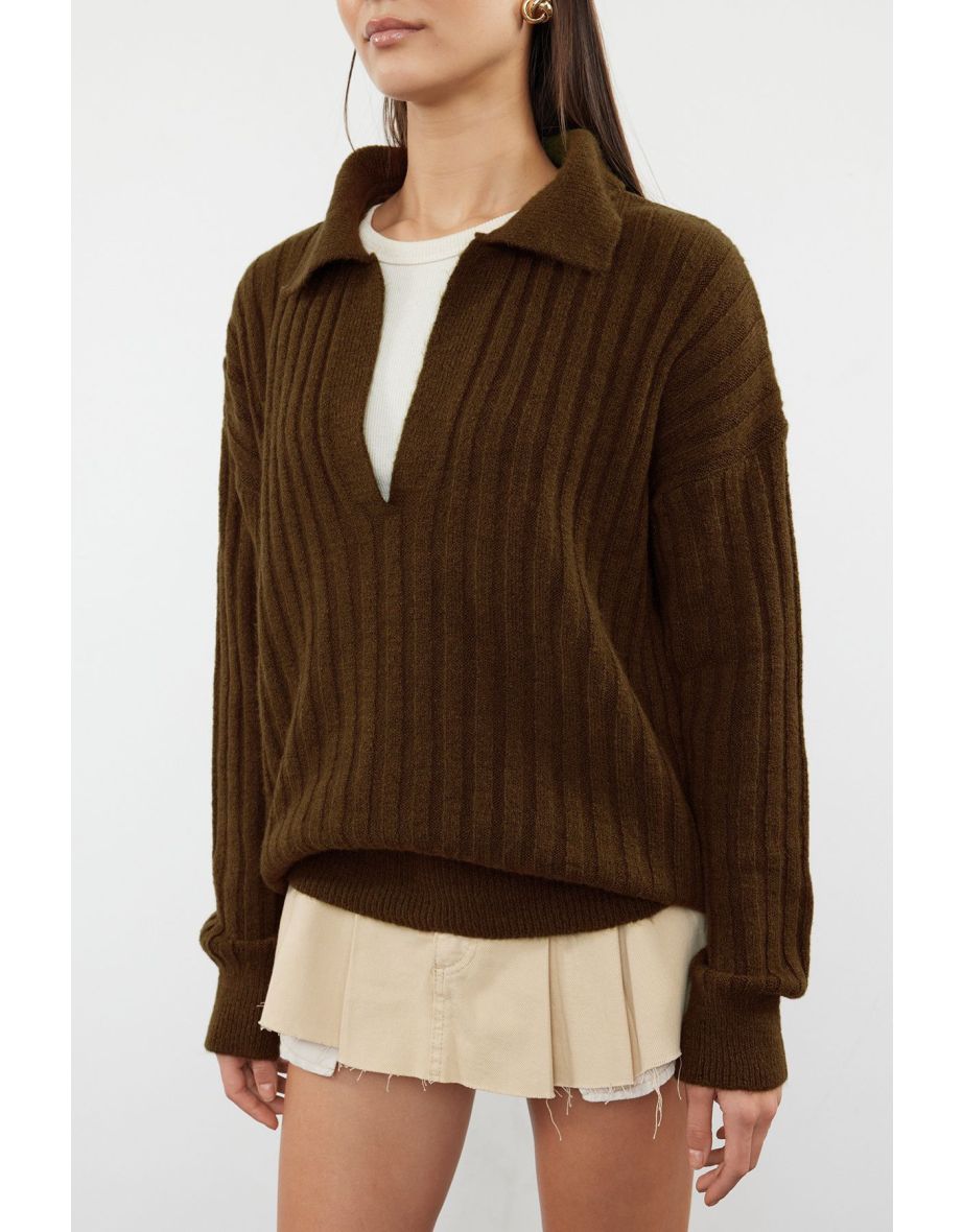 Brown Soft Texture Polo Neck Knitted Sweater - 6