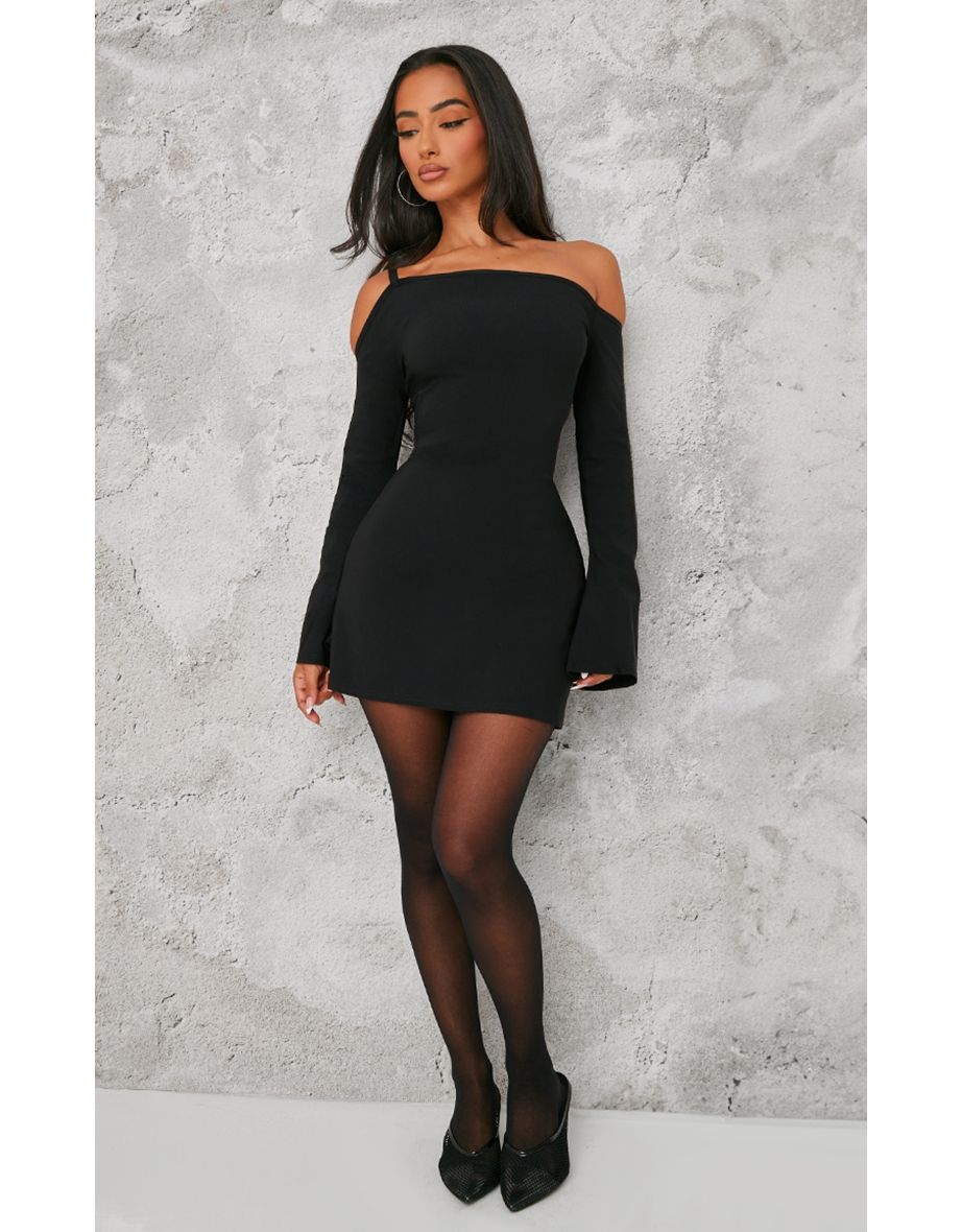 Petite Black Asymmetric One Shoulder Flared Sleeve Shift Dress
