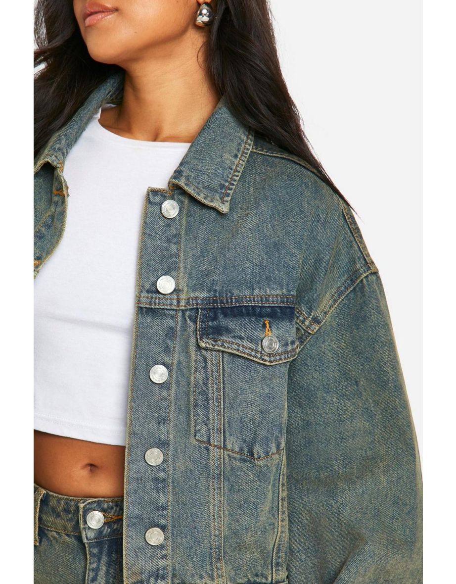 Petite Vintage Wash Turn Up Cuff Denim Jacket - vintage wash - 3
