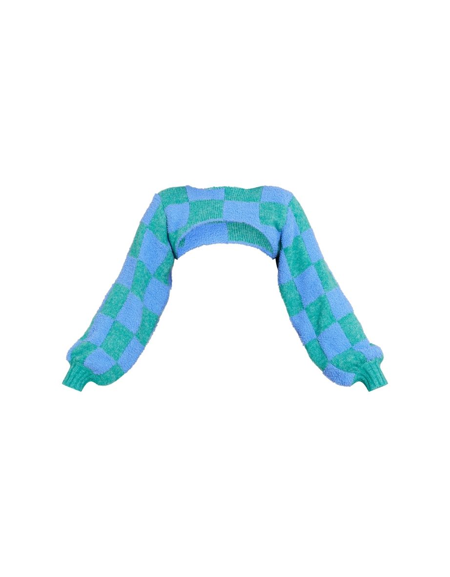 Blue Checker Board Fluffy Knit Super Crop Jumper - 4