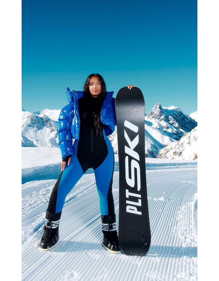 PRETTYLITTLETHING Plus Blue High Shine Space Hood Cropped Puffer Coat