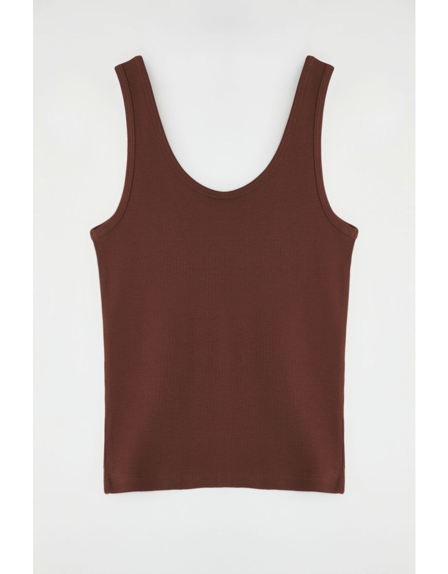 Brown Fitted/Body Fitted Pool Collar Elastic Knitted Tank Top - 5
