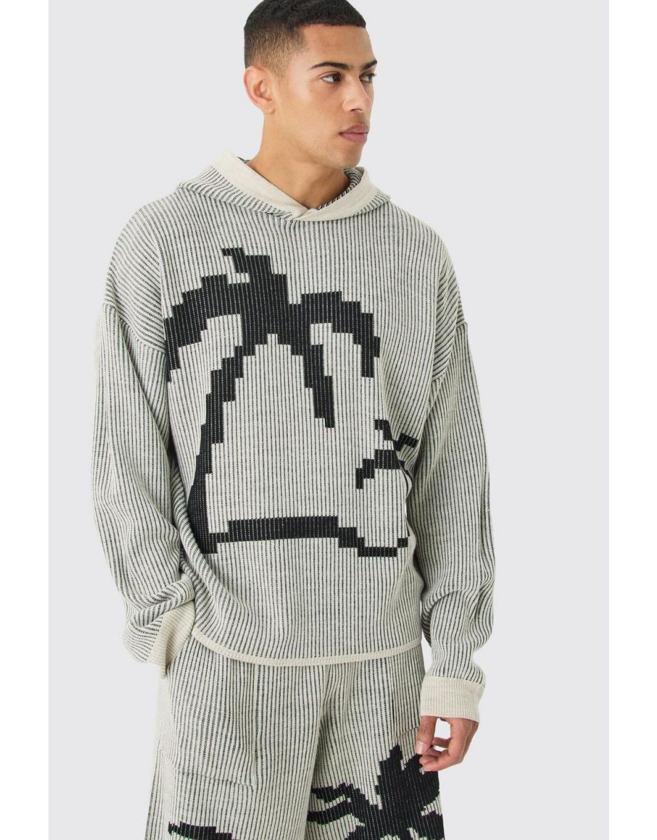Oversized Boxy Palm Ribbed Knitted Hoodie - stone