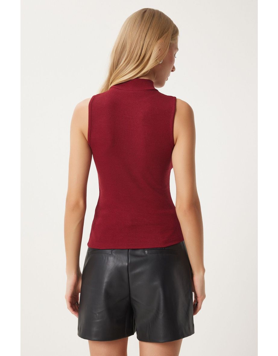 Women's Burgundy Turtleneck Knitted Cotton Blouse - 5