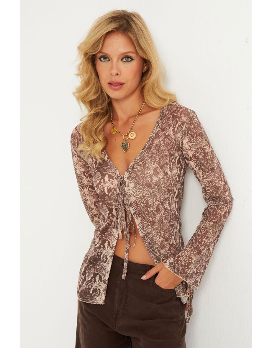 Women's Stone Snake Patterned Tulle Blouse