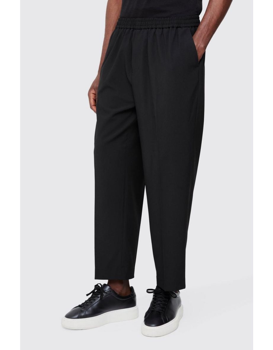Elastic Waist Cropped Skate Fit Tailored Trousers - black