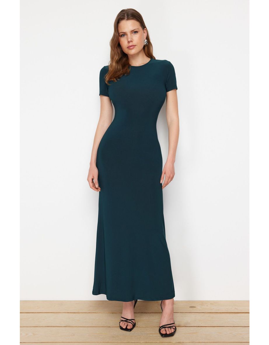 Emerald Green Short Sleeve /Slippery Crew Neck Stretch Knitted Dress