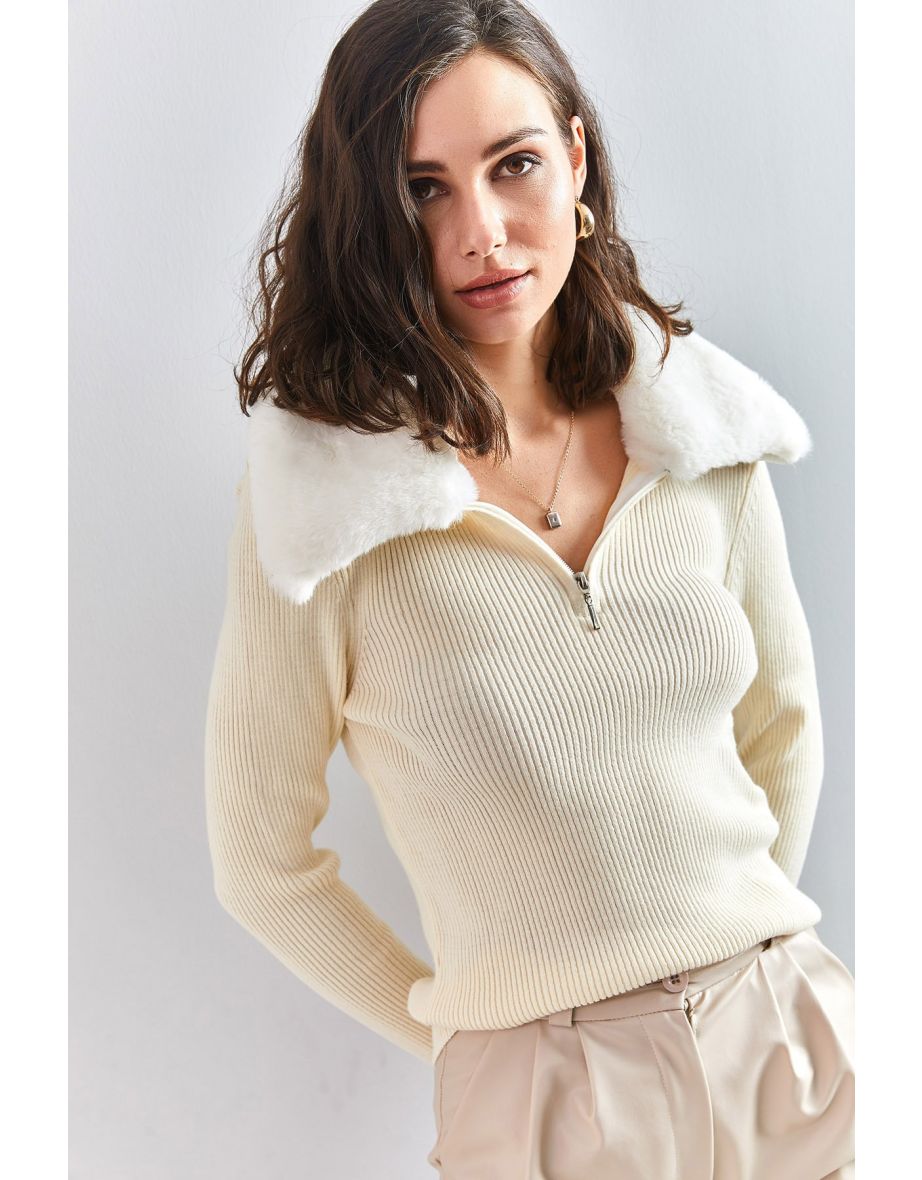 Women's Collar Shearling Fur, Zippered Knitwear Sweater - 7