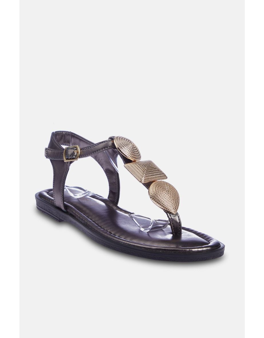 Platinum Metal Accessory Detailed Flip Flops Women's Sandals