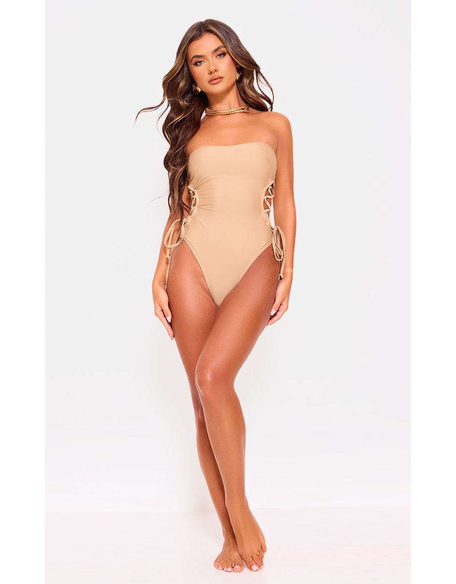 Nude Bandeau Tie Side Swimsuit