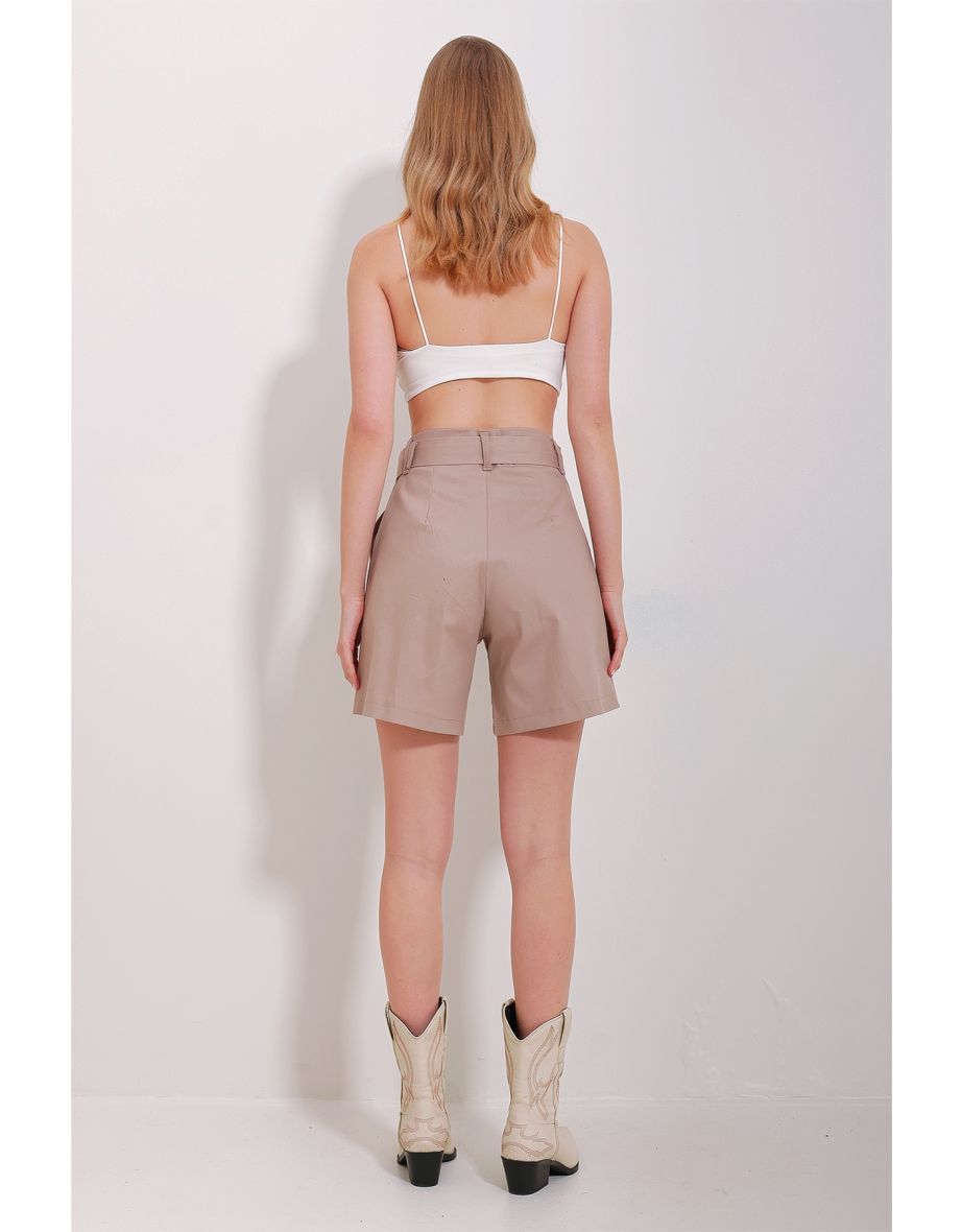 Women's Beige Double Pocket Waist Belted Gabardine Shorts - 3