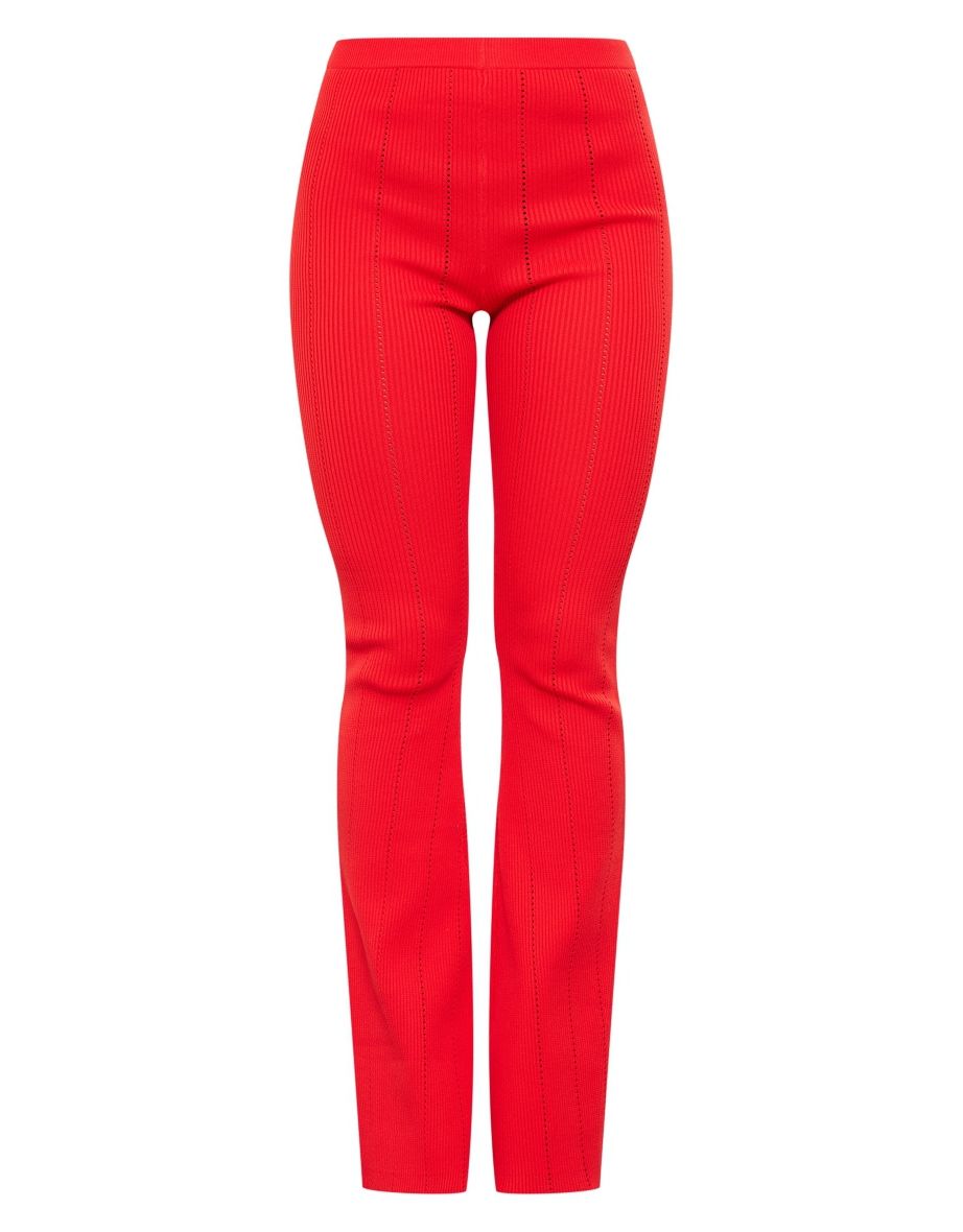 Red Rib Knit Flared Trousers - 4